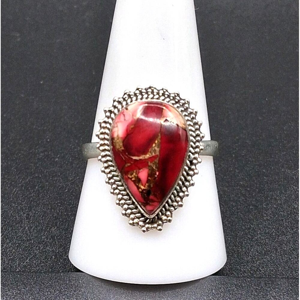 Red Rose Dahila Turquoise Ring, Size 9.75, Sterling Silver, Southwestern Style